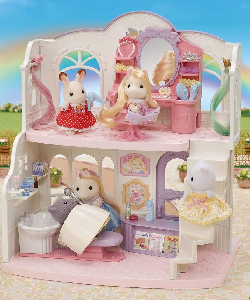 Sylvanian Families Pony's Stylish Hair Salon Set (5642) – 2-Story Salon with Sally Pony Figure, Hair Accessories, Styling Book, Dresser & Shampoo Basin – Educational Role-Playing Toy for Ages 3+