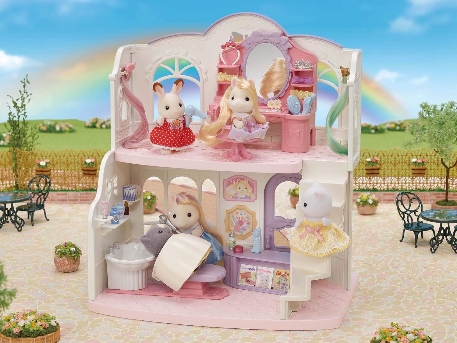 Sylvanian Families Pony's Stylish Hair Salon Set (5642) – 2-Story Salon with Sally Pony Figure, Hair Accessories, Styling Book, Dresser & Shampoo Basin – Educational Role-Playing Toy for Ages 3+