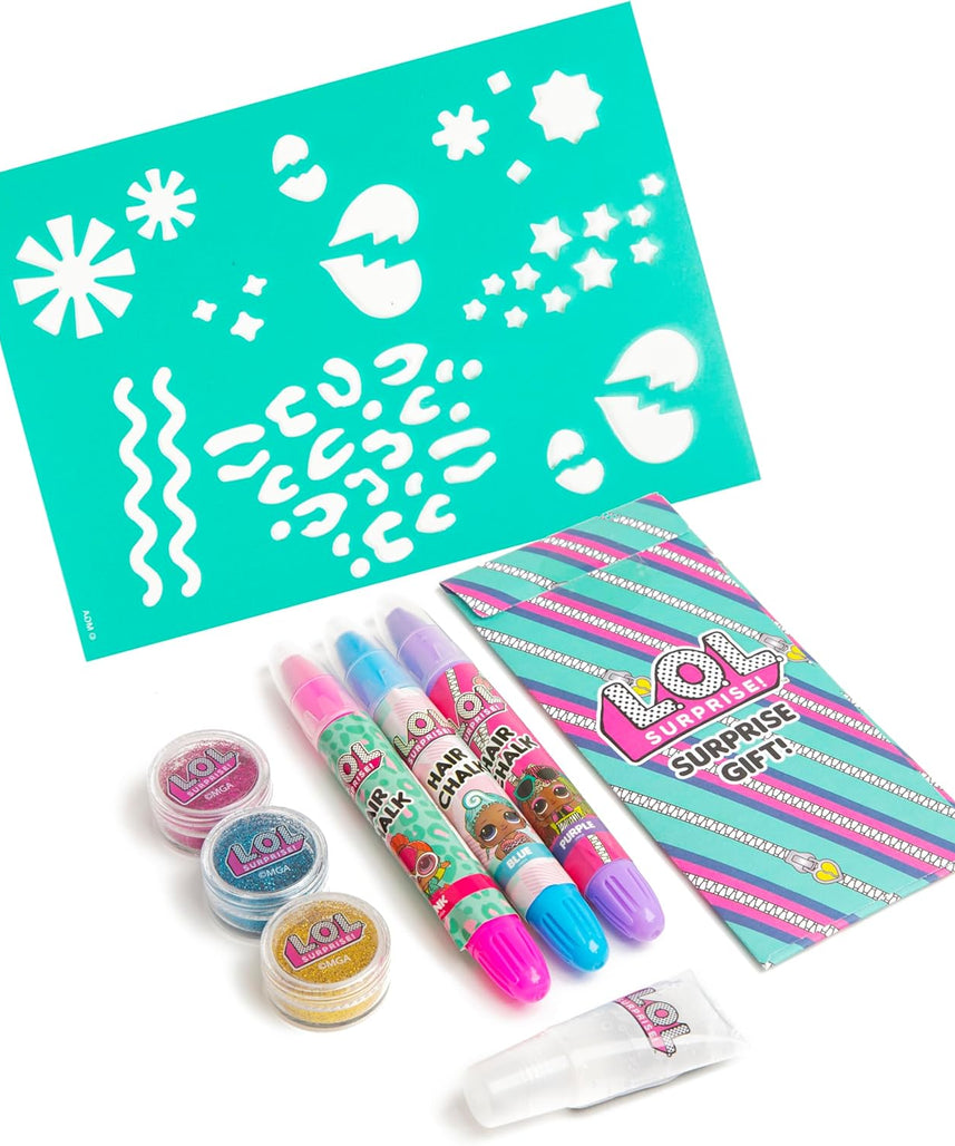 L.O.L. Surprise! Hair Chalk Studio, Temporary Hair Markers for Girls, Washable Bright Colors, Hair Gems, Glitter, Hair Gel and Tattoo Stencil, Creative Hair Styling Kit for Birthday Gifts and Slumber Parties Ages 5+