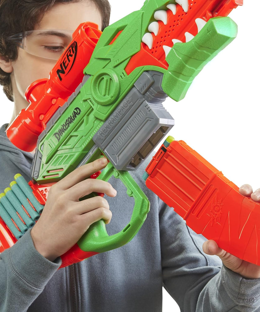 مسدس سهام نيرف دينو سكواد ريكس-رامبيج الآلي، مشبك سهام بعشرة سهام، ٢٠ سهم نيرف رسمي، تخزين لعشرة سهام، تصميم ديناصور تي ريكس، متعدد الألوان