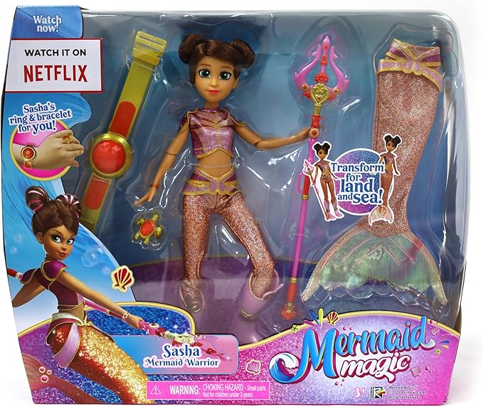Mermaid Magic Warrior Transformation 9-Inch 2 In 1 Sasha Land and Sea Warrior, Transform for Land and Sea, Adventure, Articulated Doll Playset, Girl's Toys, Gift, Mermaid Dolls, Collectible, 3 Years+