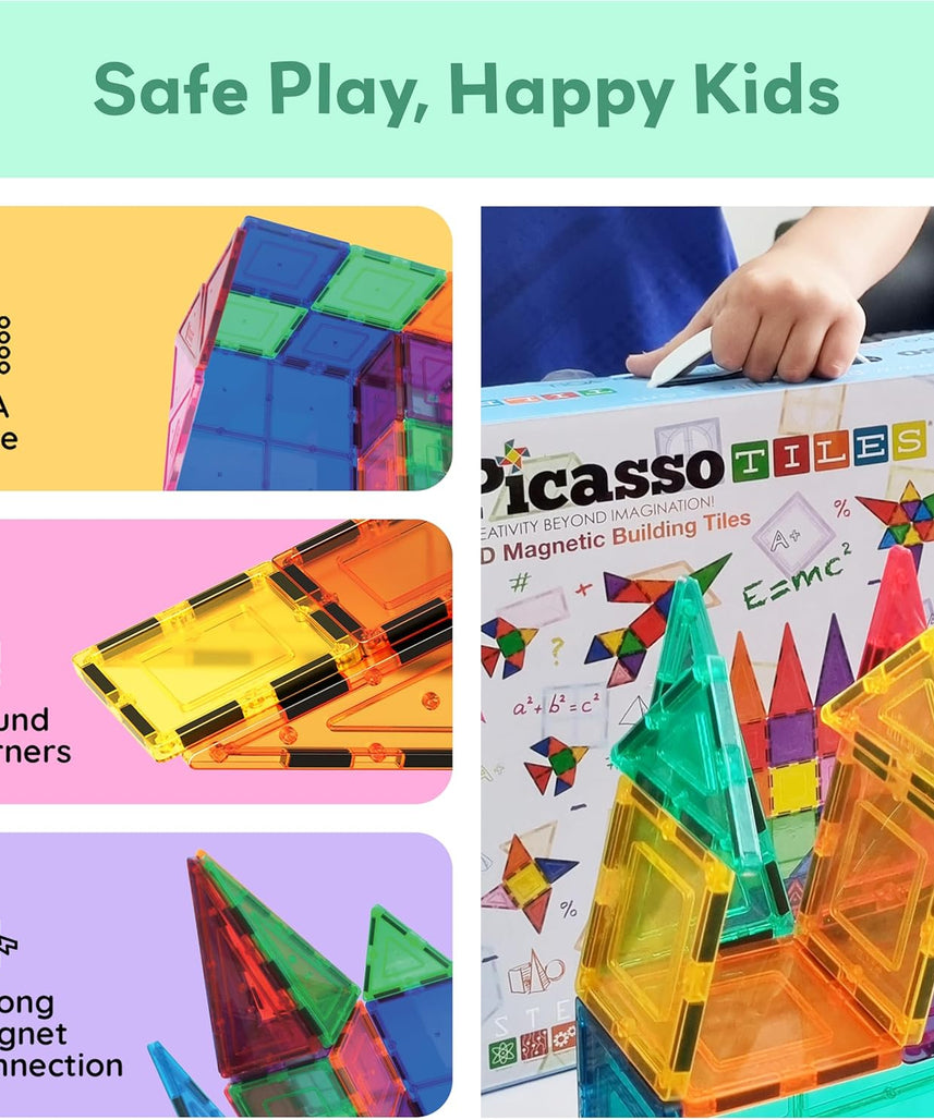 PicassoTiles 100 Piece Magnetic Playboards Tiles Set Magnet Toys for Toddlers STEM Building Blocks Sensory Creative Kids Manipulative Preschool learning Construction Toy ages 3+ Boys Girls - PT100