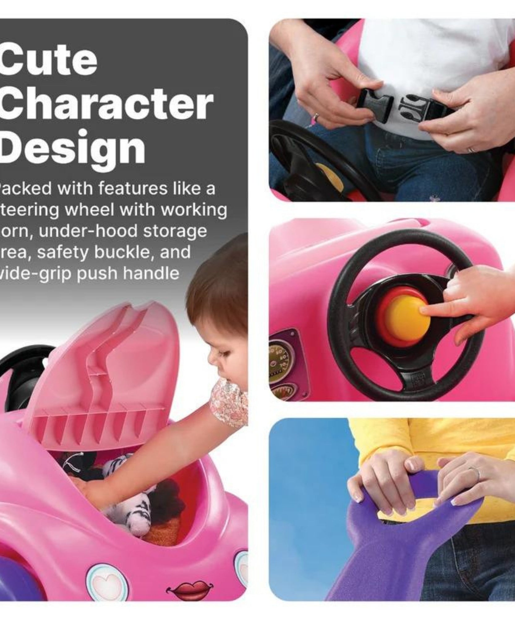 Step2 10th Anniversary Edition Buggy Single Seater Kids Push Car, Easy to Store Ride On Toy with Seatbelt, Horn and Storage Trunk, Suitable for Children both Boys and Girls Aged 18m and Above, Red, Pink