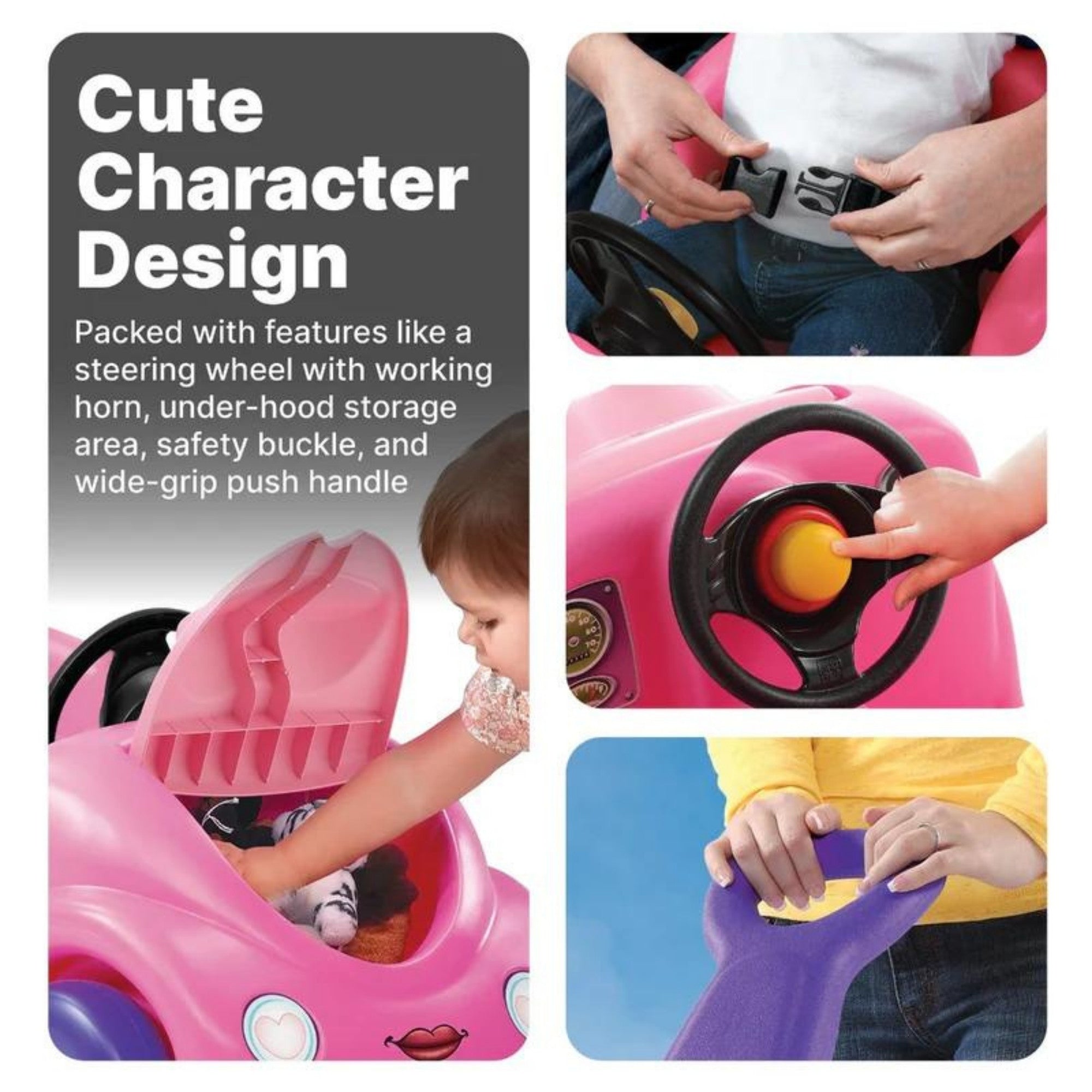 Step2 10th Anniversary Edition Buggy Single Seater Kids Push Car, Easy to Store Ride On Toy with Seatbelt, Horn and Storage Trunk, Suitable for Children both Boys and Girls Aged 18m and Above, Red, Pink