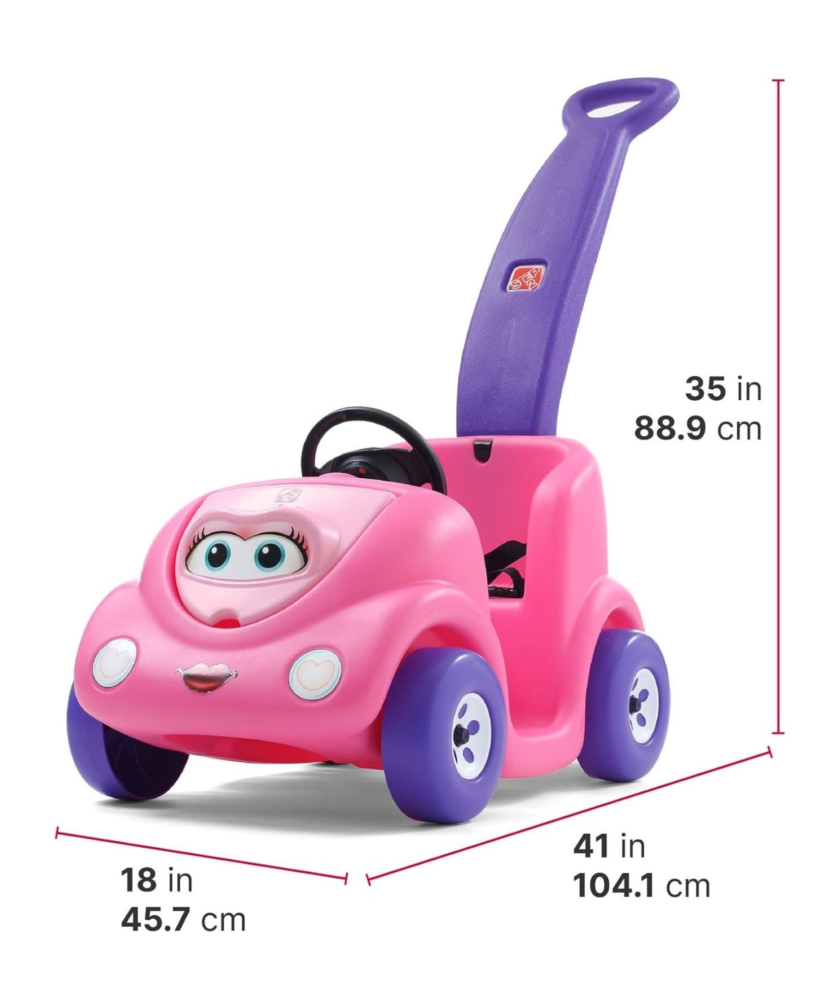 Step2 10th Anniversary Edition Buggy Single Seater Kids Push Car, Easy to Store Ride On Toy with Seatbelt, Horn and Storage Trunk, Suitable for Children both Boys and Girls Aged 18m and Above, Red, Pink