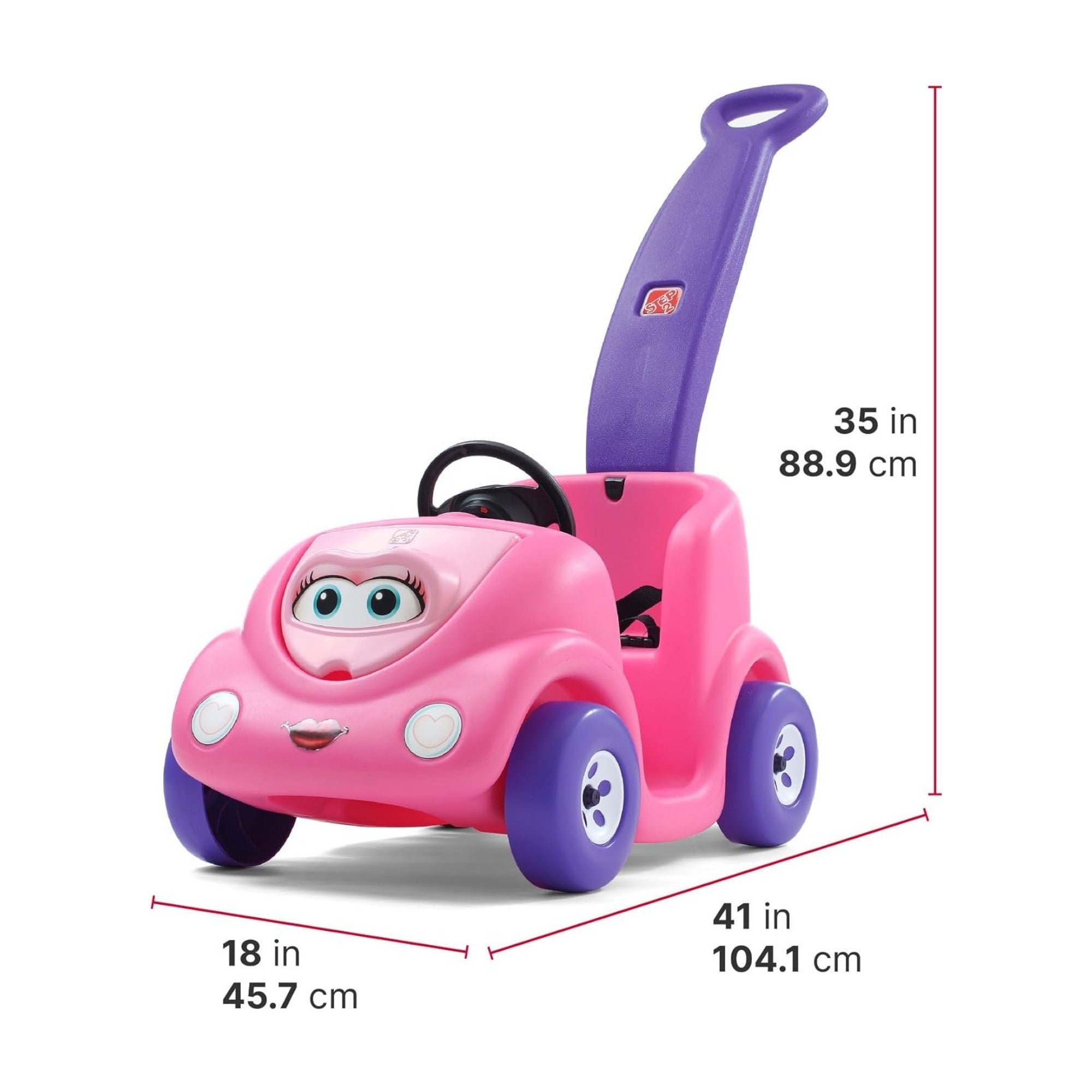 Step2 10th Anniversary Edition Buggy Single Seater Kids Push Car, Easy to Store Ride On Toy with Seatbelt, Horn and Storage Trunk, Suitable for Children both Boys and Girls Aged 18m and Above, Red, Pink