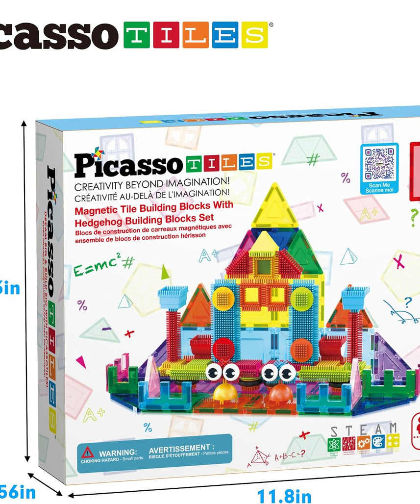 PicassoTiles Magnetic Tiles & Hedgehog 2-in1 Interlocking Brush Connector Magnet Building Blocks Construction Set Learning Playset STEM Toys Development Preschool Education Toy Toddler Age 3 Up PTE21