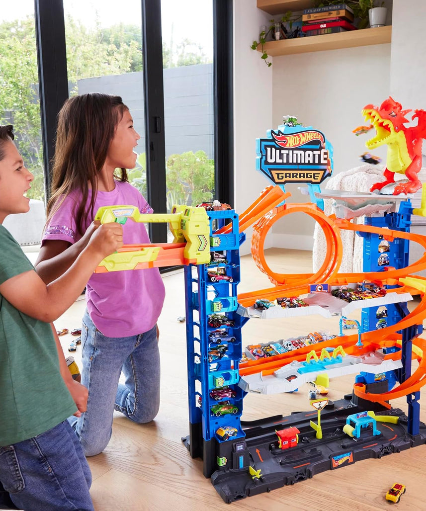 Hot Wheels City Ultimate Garage Playset with Dragon, 2 Die-Cast Cars Included, Multi-Level Track, Parking for 50+ Cars, Kids Toy Garage, Ages 4+