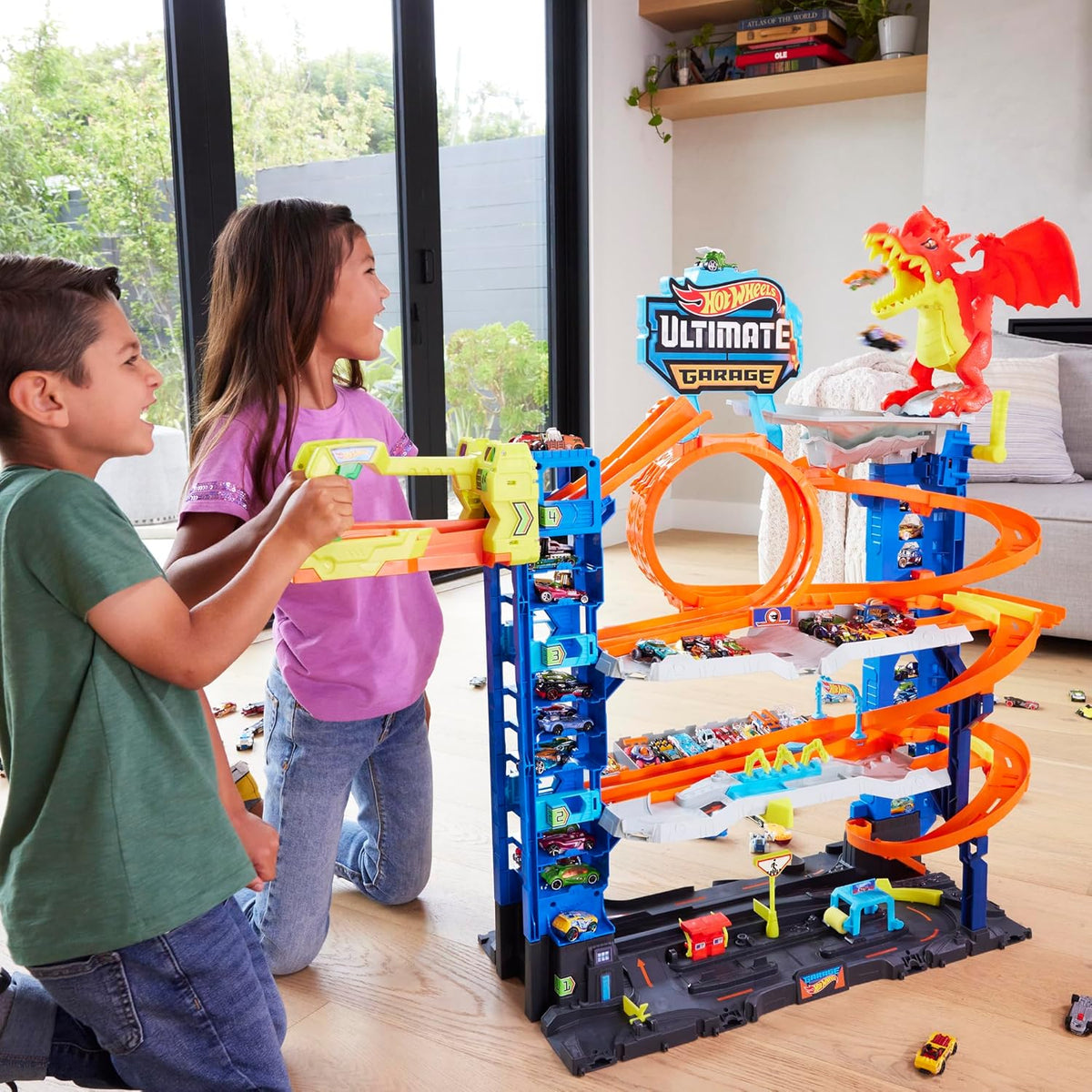 Hot Wheels City Ultimate Garage Playset with Dragon, 2 Die-Cast Cars Included, Multi-Level Track, Parking for 50+ Cars, Kids Toy Garage, Ages 4+