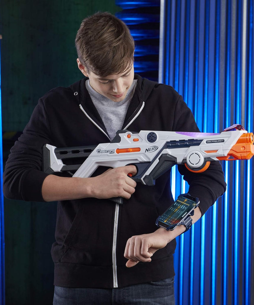 Nerf Laser Ops Burst Fire Combat Blaster with Light and Sound Effects, Multi-Shot IR Burst, LCD Display, App Compatible, Includes Armband and Solo Attachment, Ages 8+