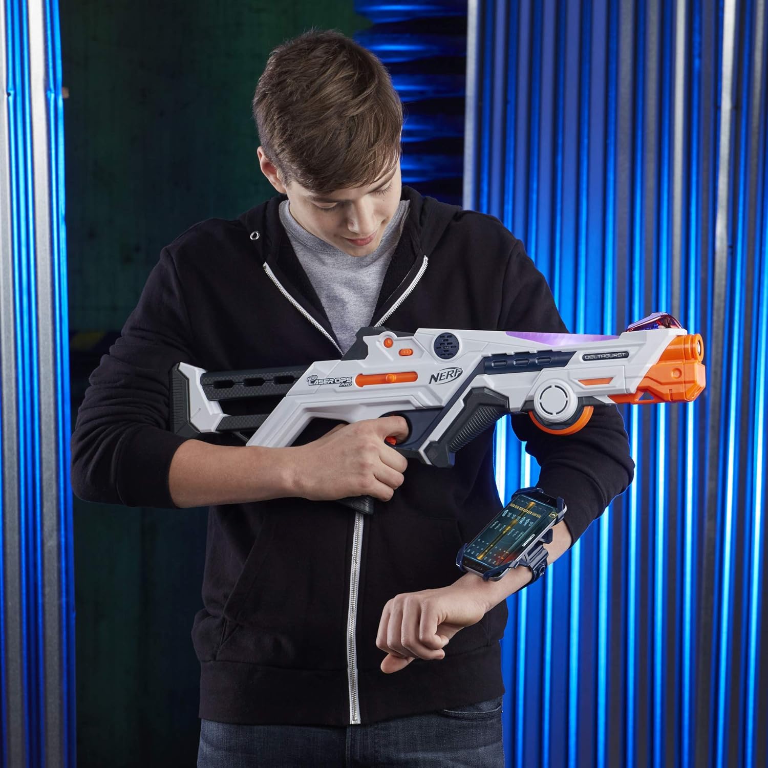 Nerf Laser Ops Burst Fire Combat Blaster with Light and Sound Effects, Multi-Shot IR Burst, LCD Display, App Compatible, Includes Armband and Solo Attachment, Ages 8+