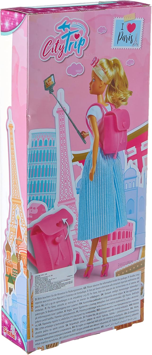 Simba Steffi Love City Trip Doll, 29 cm, Fashion Outfit with Selfie Stick & Backpack, Ages 3+
