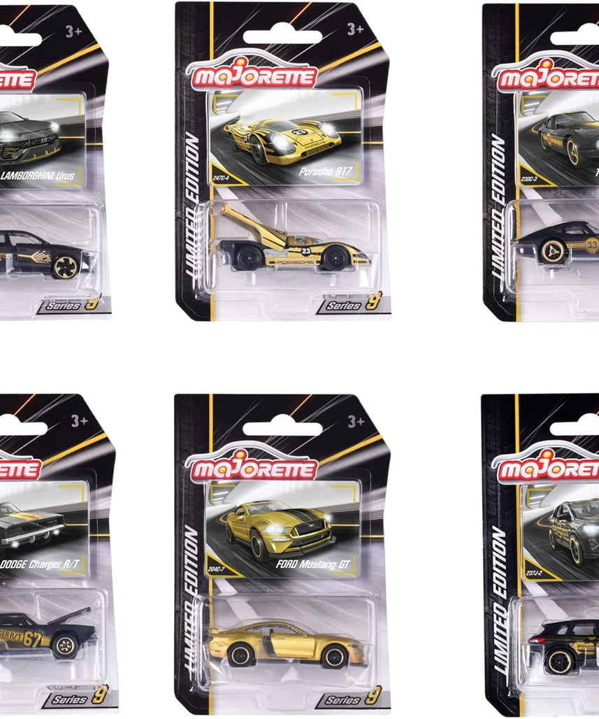 Majorette Limited Edition 9 Gold Design Toy Car, 1:64 Scale Die Cast Model, Random 1 of 6 Collectible Cars, Free Roll Suspension, Trading Card Included, Kids and Collectors, Ages 3+