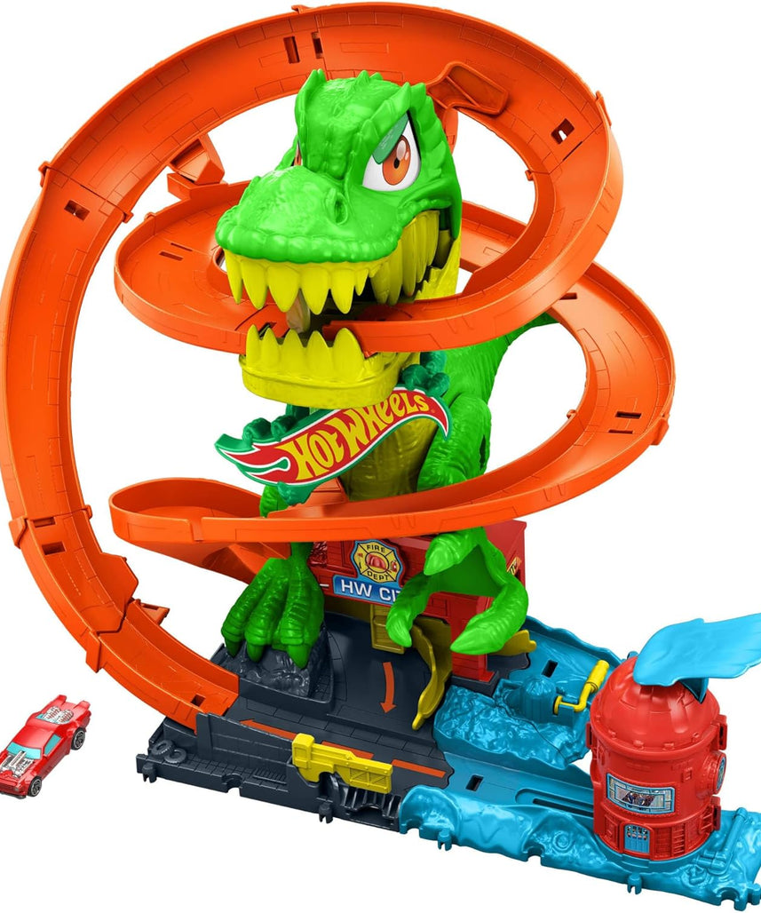 Hot Wheels Toy Car Track Set, City T Rex Blaze Battle Fire Station Playset with 1:64 Scale Die Cast Fire Truck, Interactive Dinosaur Action, 4+ Years
