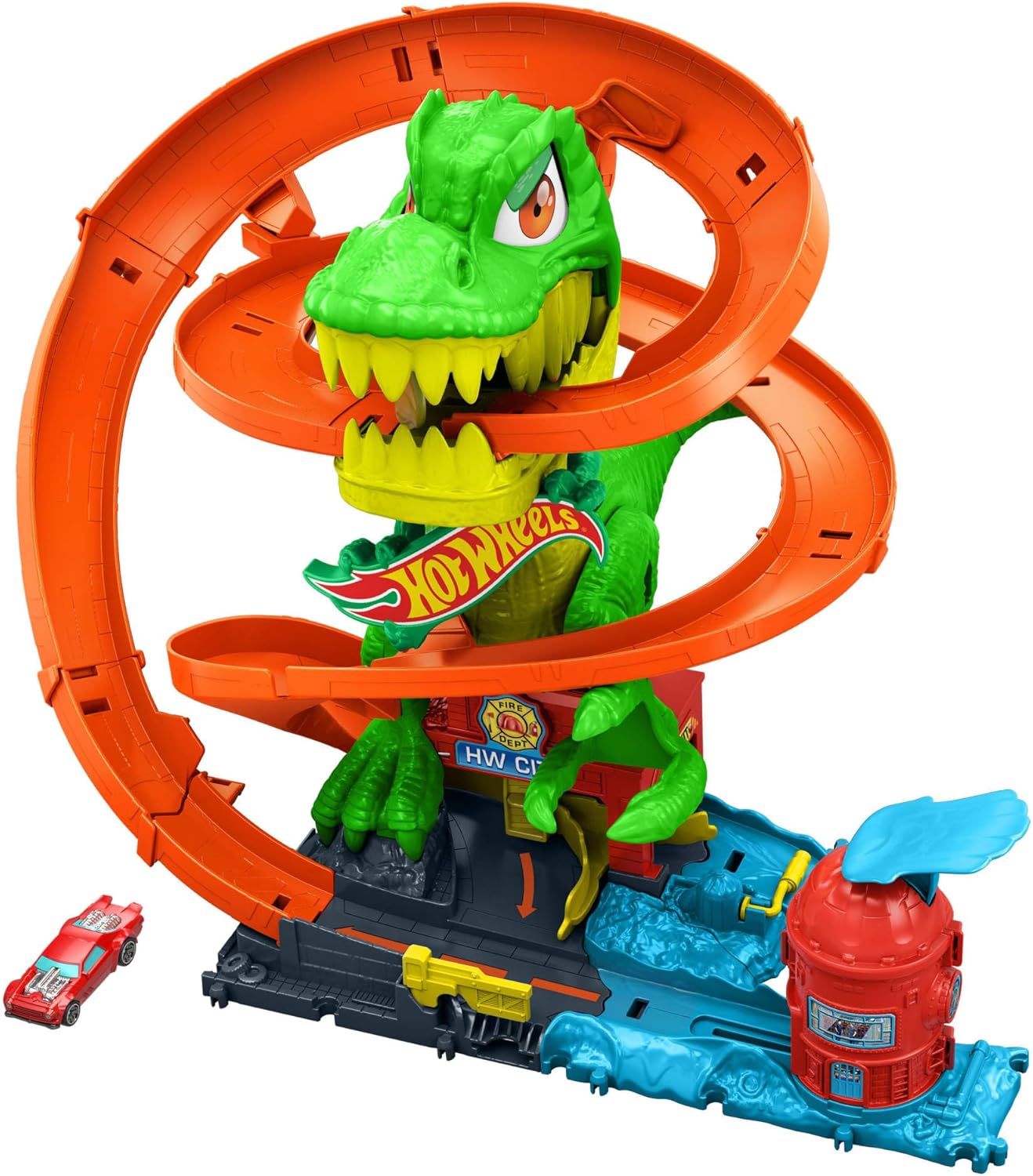 Hot Wheels Toy Car Track Set, City T Rex Blaze Battle Fire Station Playset with 1:64 Scale Die Cast Fire Truck, Interactive Dinosaur Action, 4+ Years