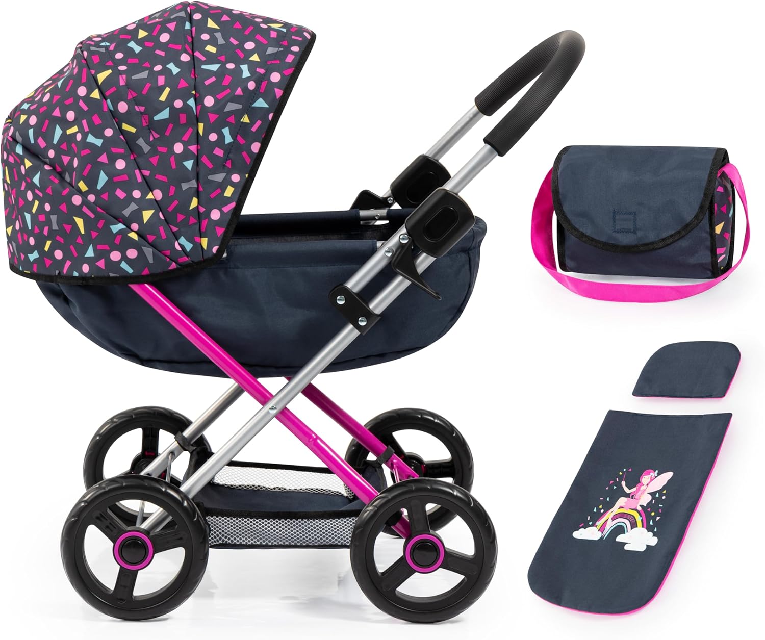 Bayer Pram Set Smarty for 46cm Dolls, Foldable Doll Stroller with Blanket, Pillow, and Integrated Basket, Role Play Toy for Kids, 3Y+ Years