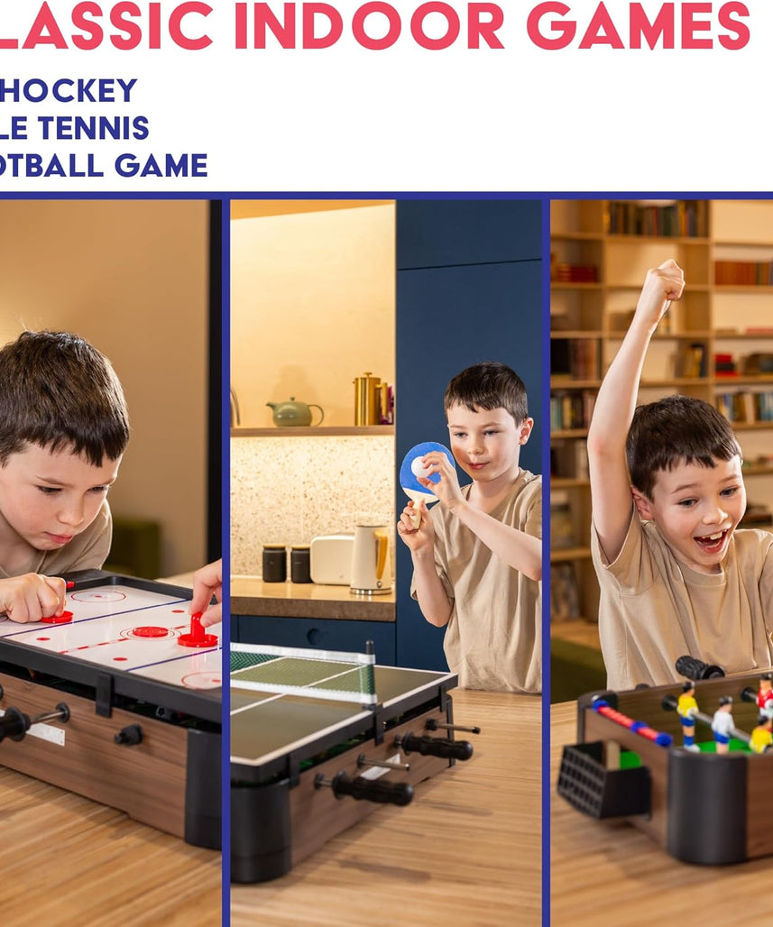 Power Play 3-in-1 Tabletop Games Set, Foosball, Air Hockey, Table Tennis, Multicolor, Wooden Construction, Kids Game Table for Boys and Girls 3+, Indoor Family Entertainment