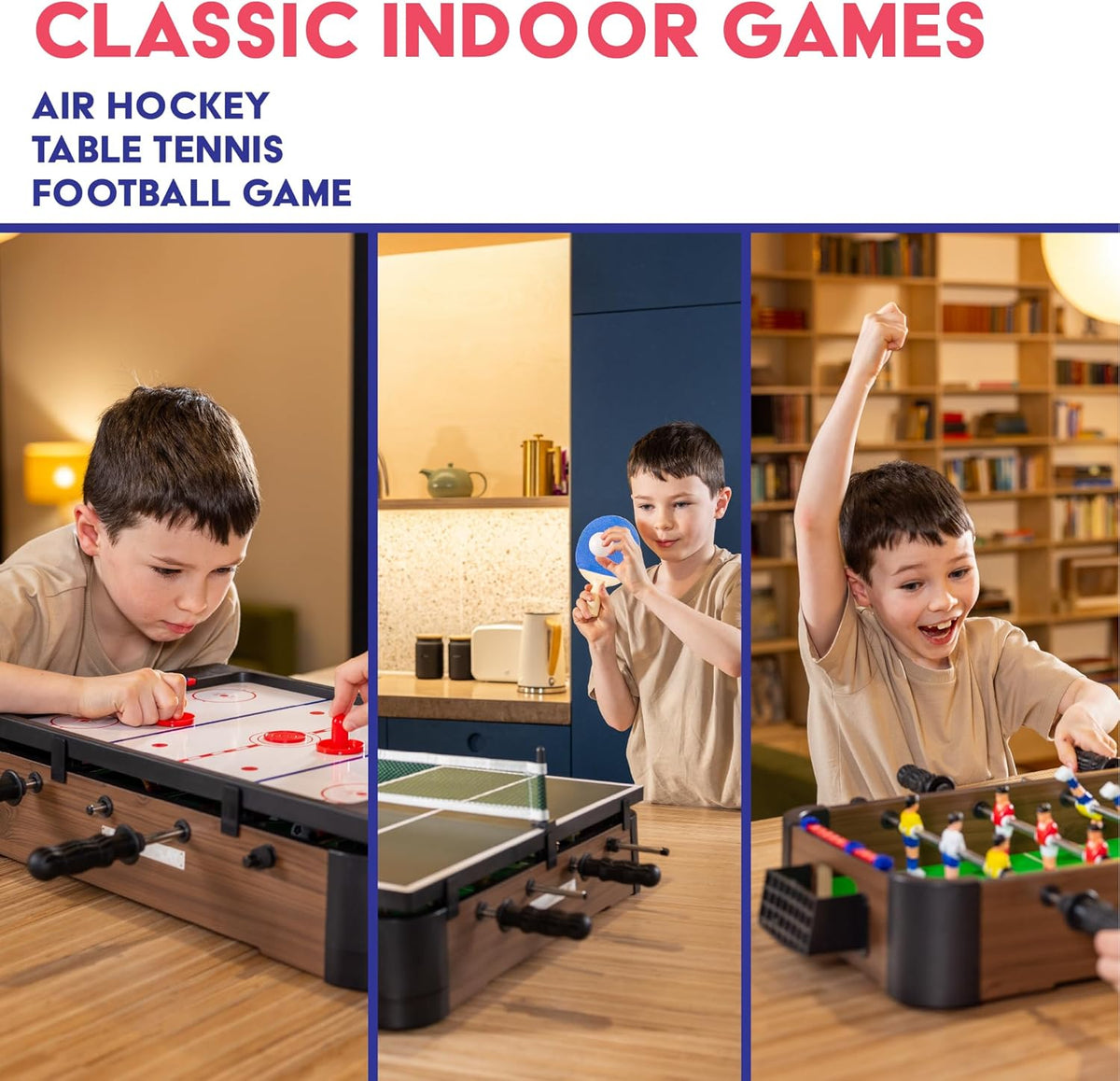 Power Play 3-in-1 Tabletop Games Set, Foosball, Air Hockey, Table Tennis, Multicolor, Wooden Construction, Kids Game Table for Boys and Girls 3+, Indoor Family Entertainment