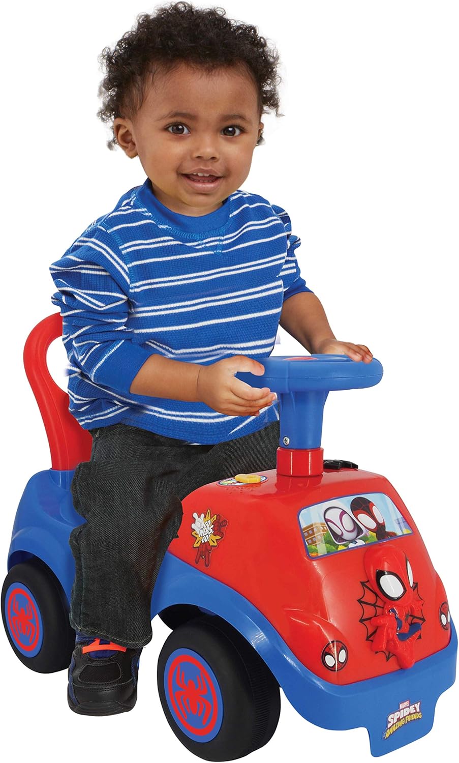 سيارة ركوب سبايدي تيم من كيديلاند، سيارة أنشطة للأطفال الصغار، أضواء وامضة، لوحة تحكم تفاعلية، لعبة سبايدرمان من مارفل، سيارة ركوب كبيرة للأطفال