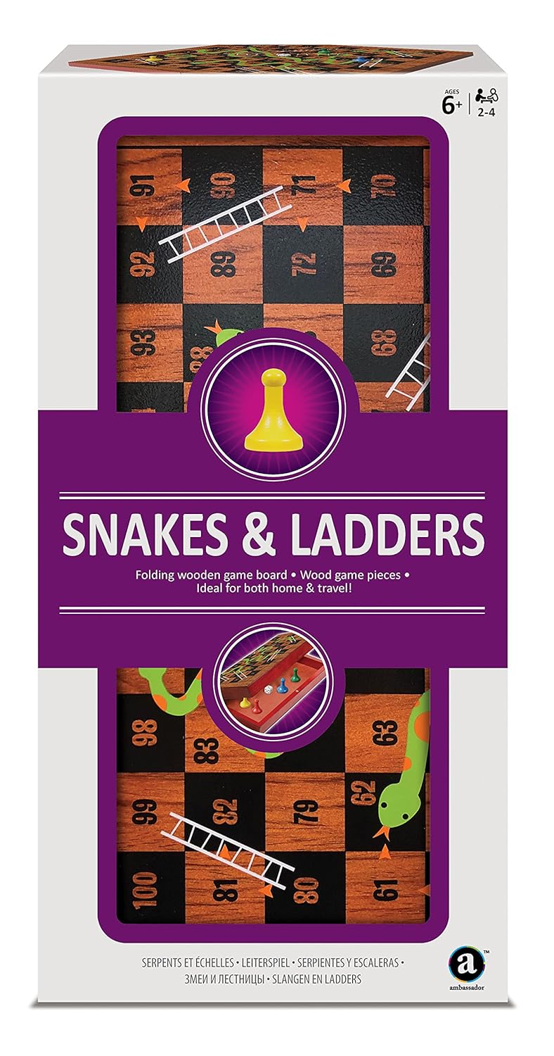 Ambassador Merchant Folding Wood Snakes & Ladders Board Game, 4 Colored Playing Pieces, 1 Dice, Magnetic Closure, 29.5cm x 29.5cm, Kids 6 Years+