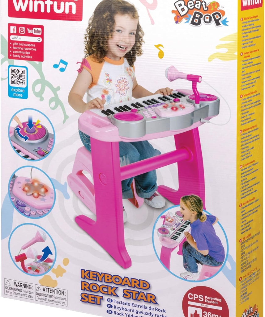 Winfun Keyboard Rock Star Set | 37-Key Kids Musical Toy with Light-Up Keys, Mic, DJ Pad & Stand | 8 Rhythms, 5 Drum Sounds & Tempo Control | Interactive Educational Music Toy for Kids 3+ Years