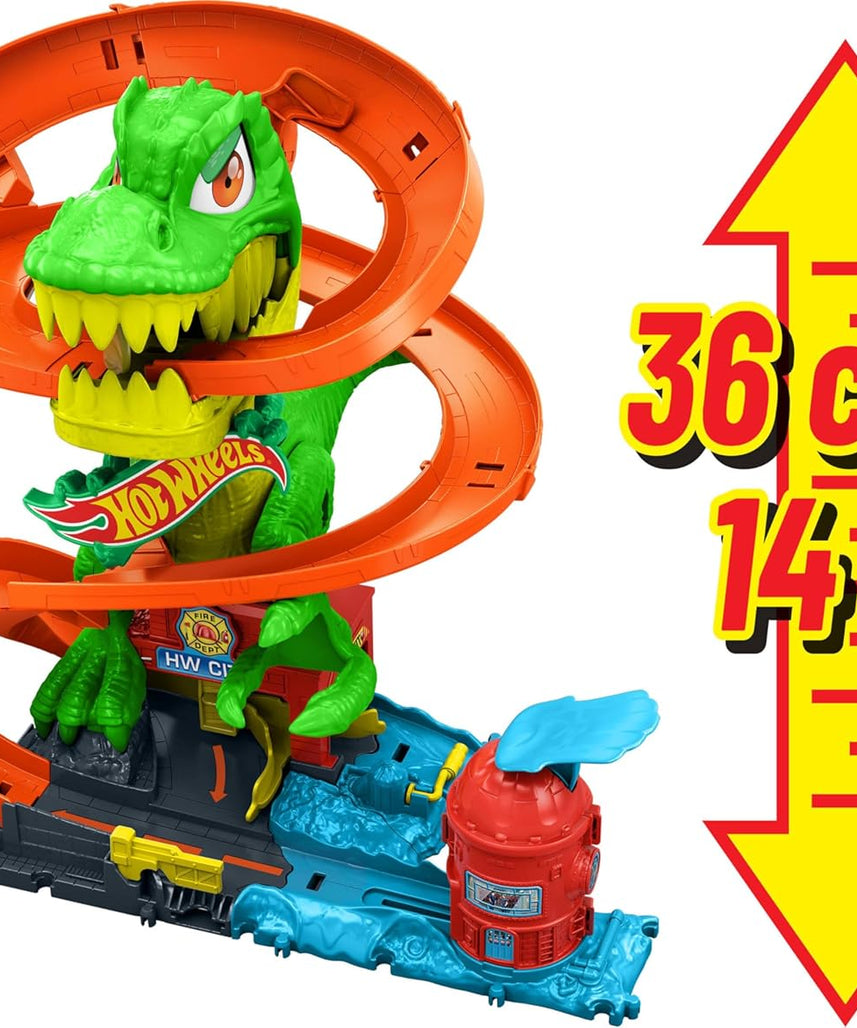 Hot Wheels Toy Car Track Set, City T Rex Blaze Battle Fire Station Playset with 1:64 Scale Die Cast Fire Truck, Interactive Dinosaur Action, 4+ Years