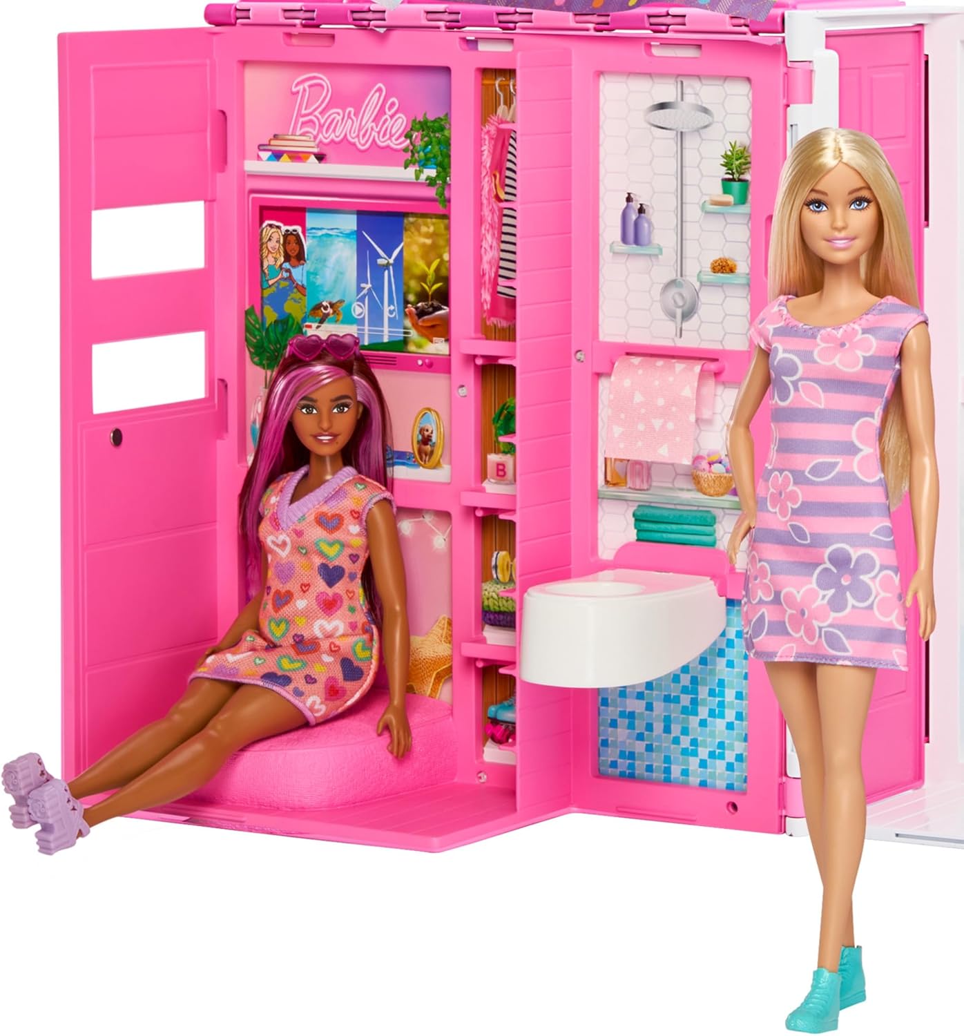 Barbie Getaway Doll House with Barbie Doll, 4 Play Areas and 11 Decor Accessories, Age 3+