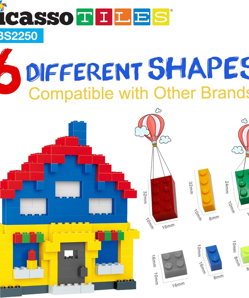 PicassoTiles 2250 PCs Building Block Tiles Creative Shapes to Enhance Imaginative Play Unique Set to Build Houses Animals Dinosaurs and More Vibrant STEM Toys Washable for Learning Education Ages 3+