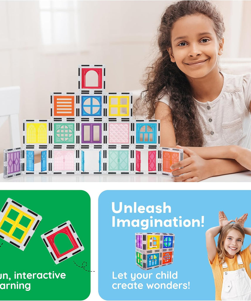 PicassoTiles 40pcs Magnetic Tile Clip-in Window and Door Expansion Set, Magnetic Block Add-ons, Magnet Building Construction Toys, STEM Education Learning Stacking Block, Toddler Boys & Girls