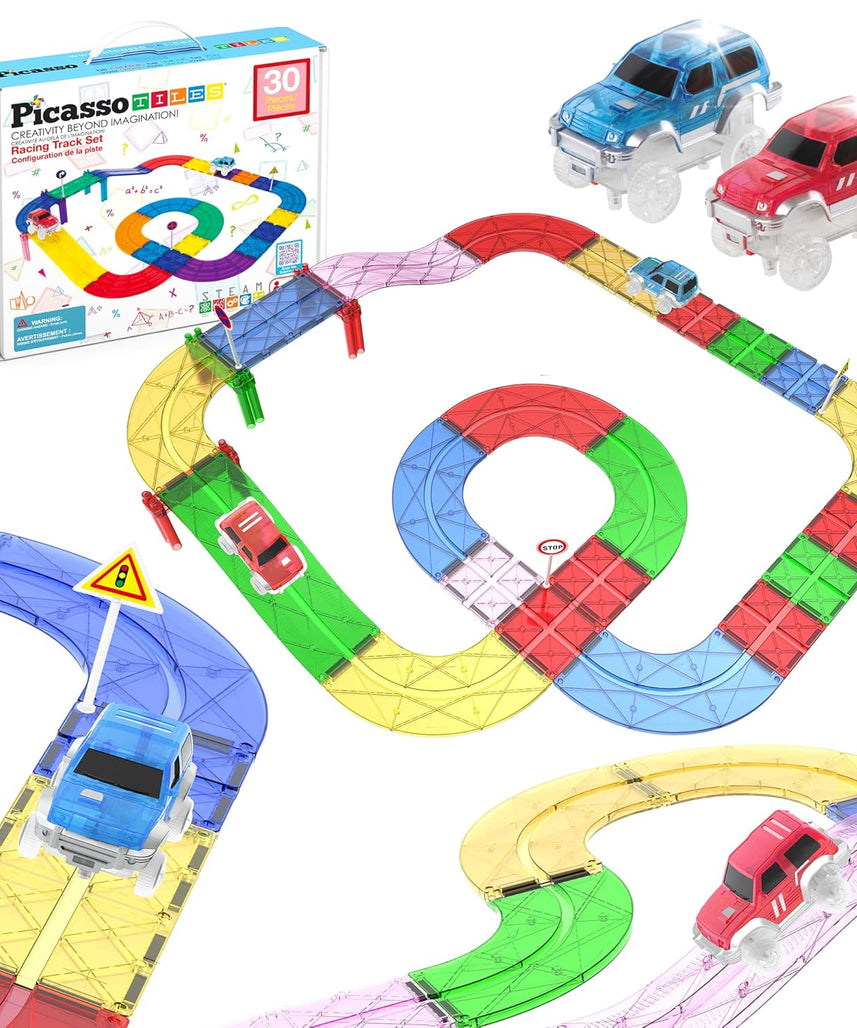 PicassoTiles Magnetic Race Car Track Building Block Educational Toy Set - 30 Piece