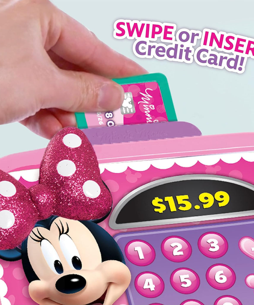 Disney Minnie Mouse Bowtique Cash Register with Lights and Sounds, Preschool Pretend Play Toy with Pull Drawer, Coins, Cash and Card, Officially Licensed Kids Toy for Ages 3 & Up by Just Play