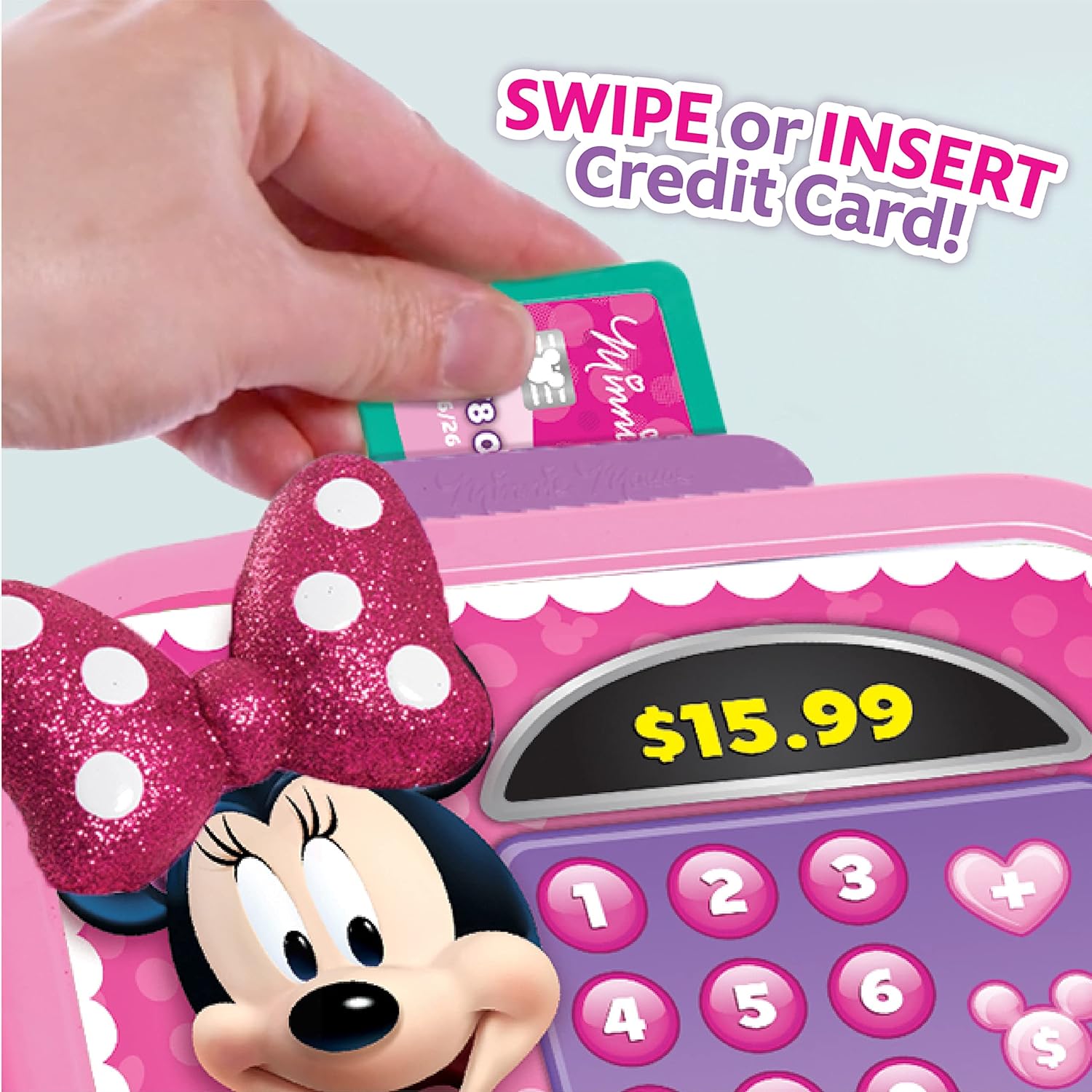 Disney Minnie Mouse Bowtique Cash Register with Lights and Sounds, Preschool Pretend Play Toy with Pull Drawer, Coins, Cash and Card, Officially Licensed Kids Toy for Ages 3 & Up by Just Play
