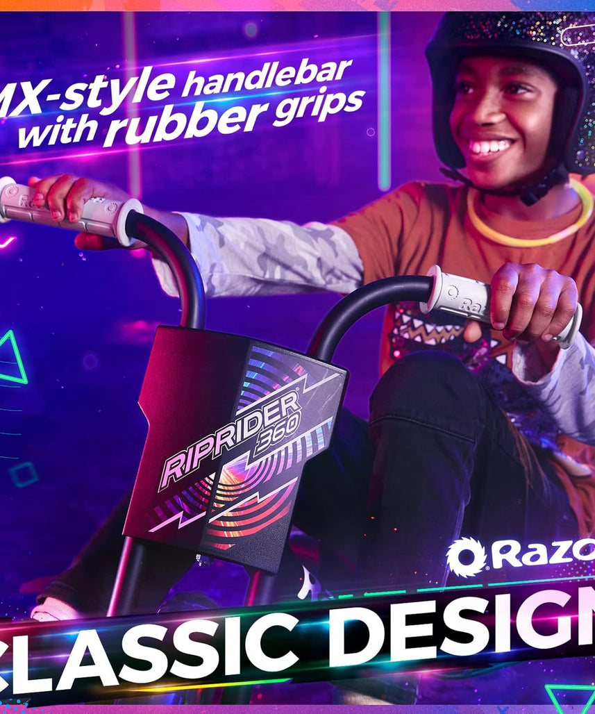دراجة Razor RipRider 360 Lightshow Drifting ثلاثية العجلات للأطفال من سن 5 سنوات فما فوق، مزودة بدواسة ومصابيح LED متعددة الألوان تعمل بالحركة وعجلات خلفية