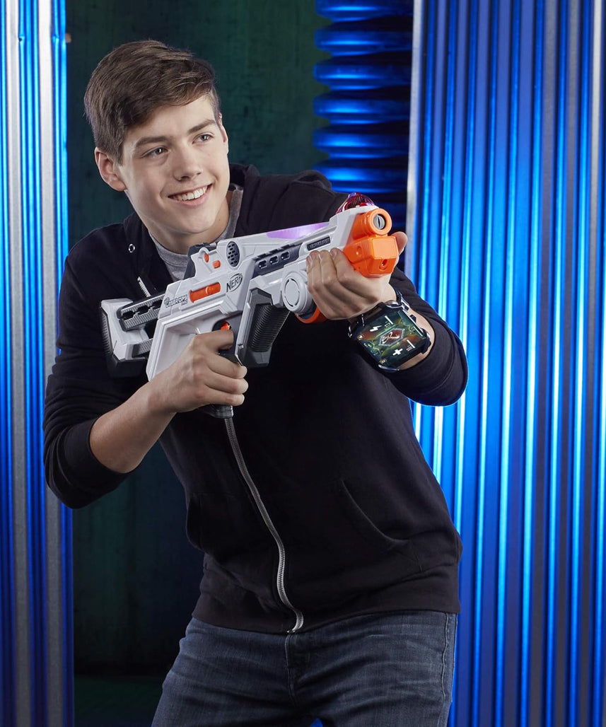 Nerf Laser Ops Burst Fire Combat Blaster with Light and Sound Effects, Multi-Shot IR Burst, LCD Display, App Compatible, Includes Armband and Solo Attachment, Ages 8+