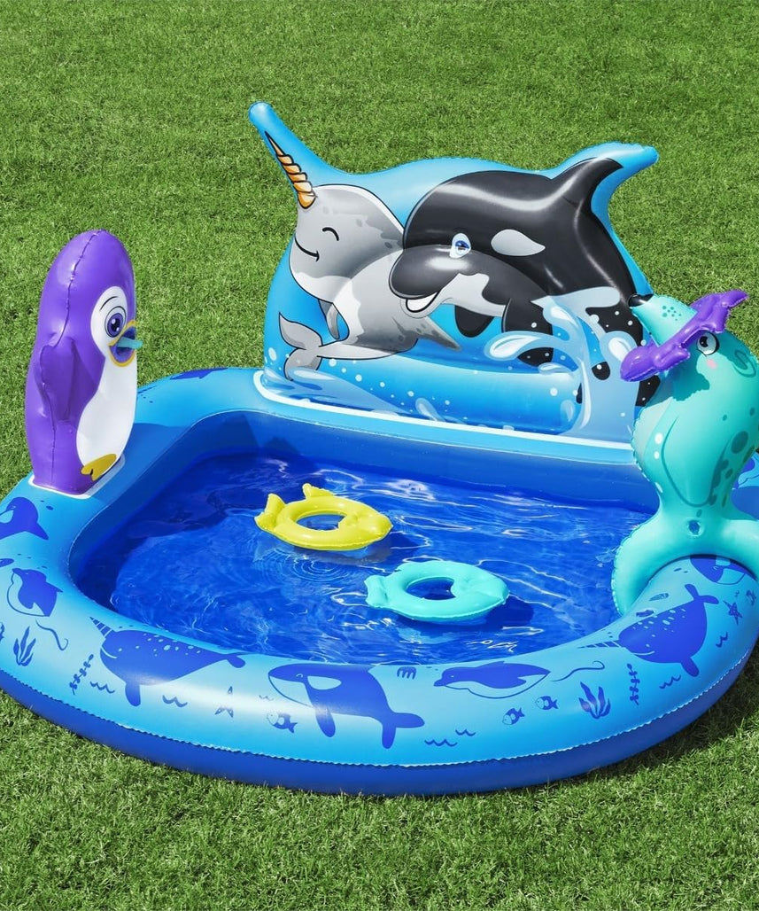 Bestway Playcenter Polar Pals 34X131X73cm, Outdoor & Indoor Relaxation & Play, Playful Arctic Theme, Inflatable Penguin & Foam Fish Toys, Easy-to-use
