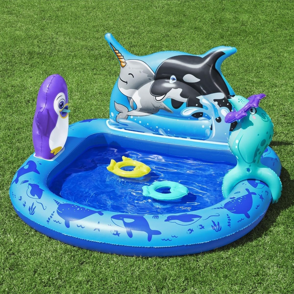Bestway Playcenter Polar Pals 34X131X73cm, Outdoor & Indoor Relaxation & Play, Playful Arctic Theme, Inflatable Penguin & Foam Fish Toys, Easy-to-use
