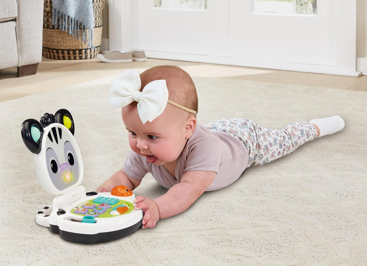 VTech Baby Discovery Zebra Laptop Interactive Baby Toy with Lights Music Letters Numbers 2 Modes Motor Skills Development Gift for 3 6 9 12 Months + English Version