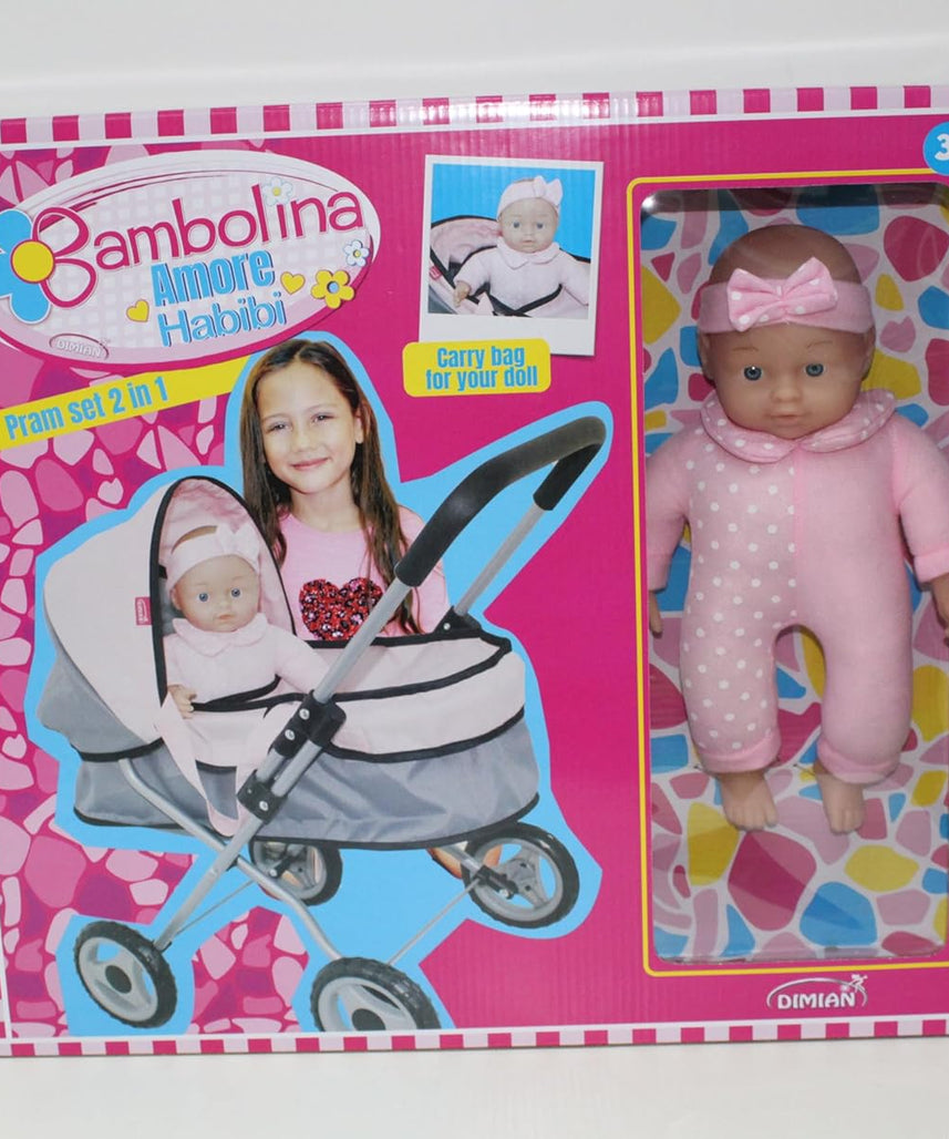 Bambolina Pram Set 2 in 1 with Doll, Pink, Pretend Play Pushchair & Carrier for Girls Age 3+