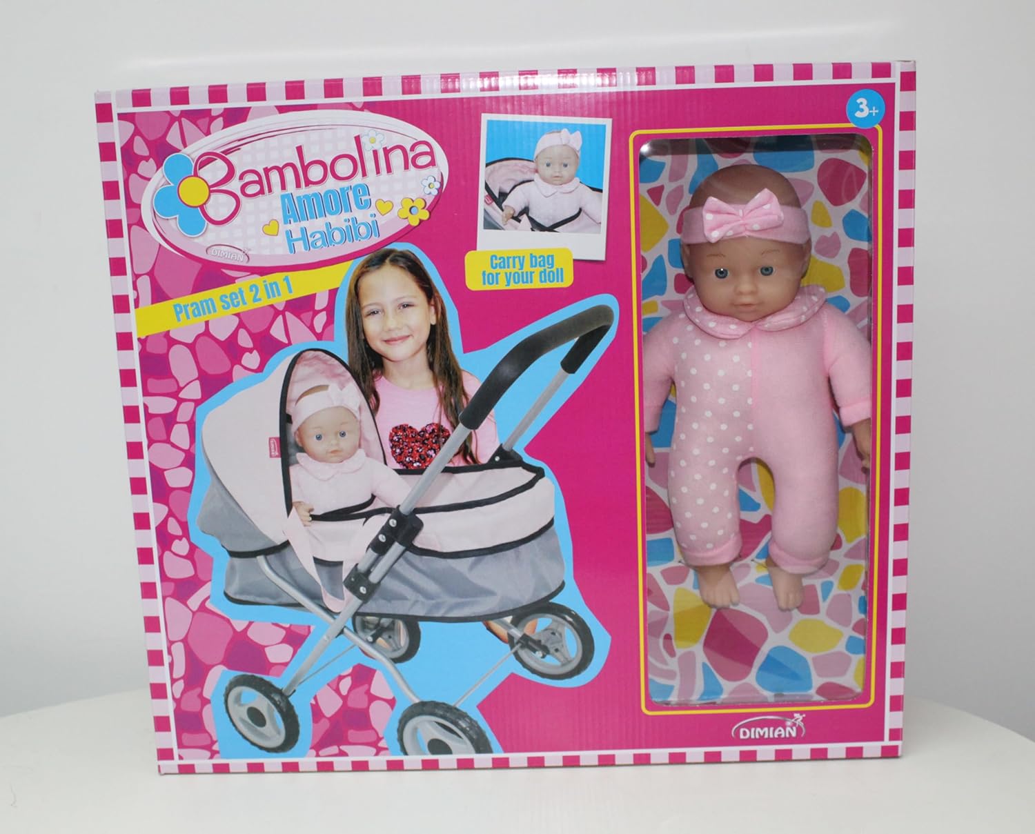 Bambolina Pram Set 2 in 1 with Doll, Pink, Pretend Play Pushchair & Carrier for Girls Age 3+