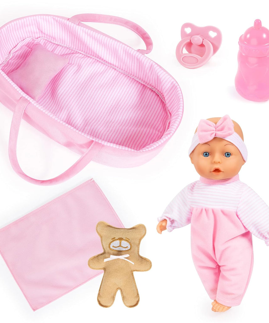 Bayer Baby Doll Basket Set 28cm with Soft Doll, Carrier, Blanket, Pillow, Bottle, Teddy, Role Play Toy for Kids, 3Y+ Years