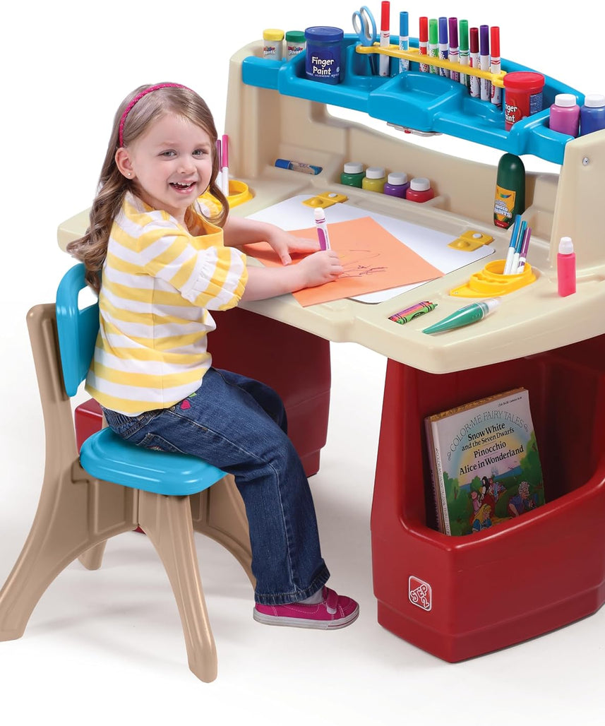 Step2 Deluxe Art Master Desk with Chair for Kids, Large Creative Art Table with Storage Compartments, Dry Erase Drawing Surface, Toddler and Preschool Art Furniture, Multi Colour, 3 Years+