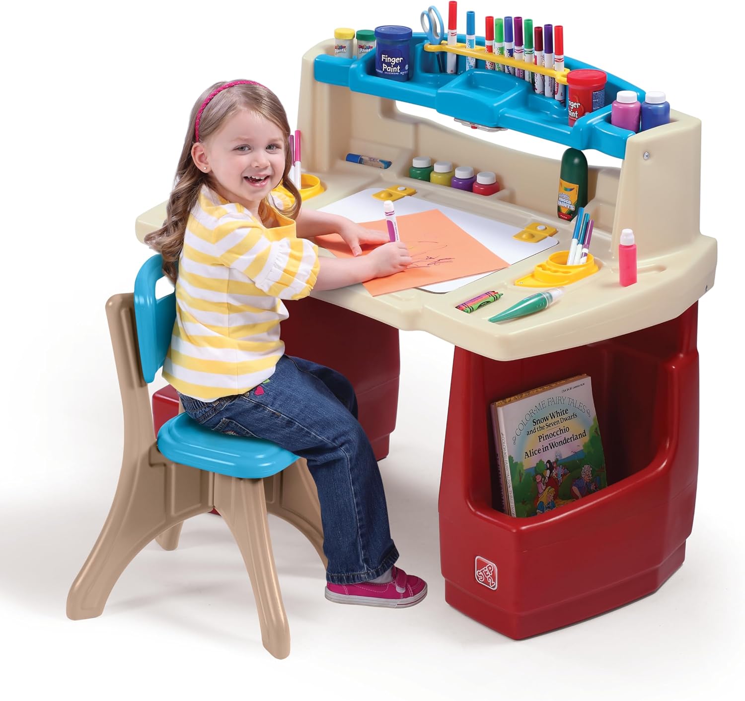 Step2 Deluxe Art Master Desk with Chair for Kids, Large Creative Art Table with Storage Compartments, Dry Erase Drawing Surface, Toddler and Preschool Art Furniture, Multi Colour, 3 Years+