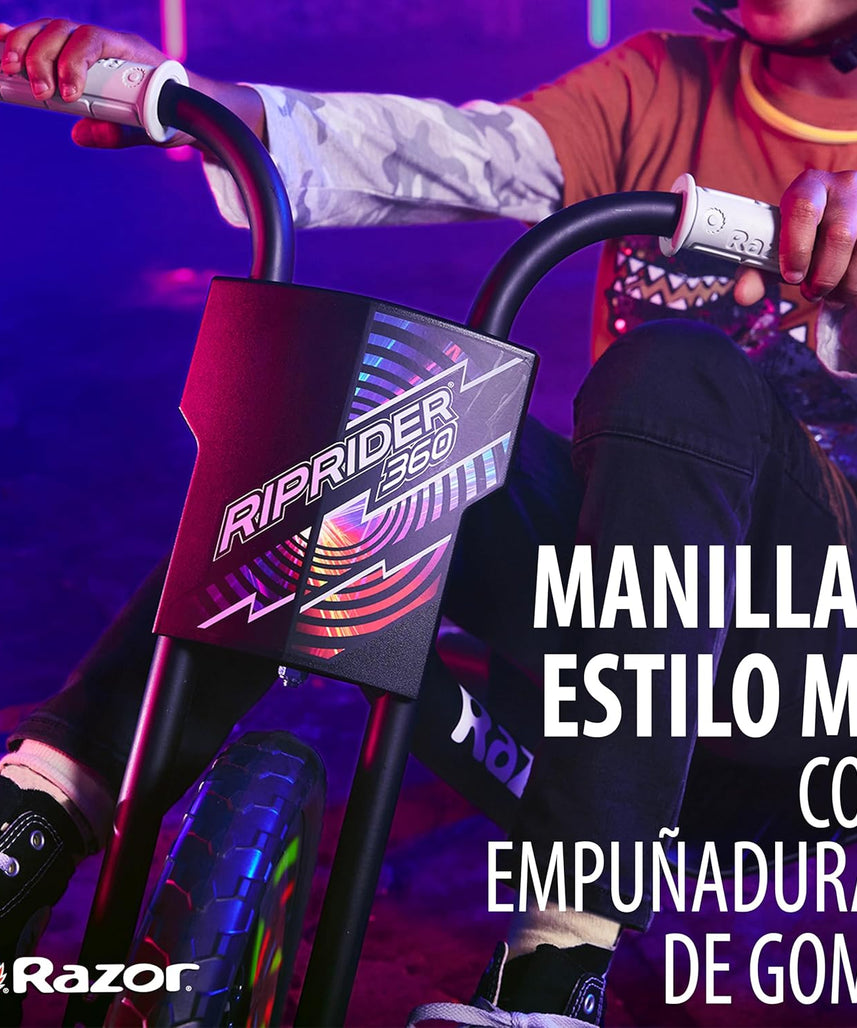 دراجة Razor RipRider 360 Lightshow Drifting ثلاثية العجلات للأطفال من سن 5 سنوات فما فوق، مزودة بدواسة ومصابيح LED متعددة الألوان تعمل بالحركة وعجلات خلفية