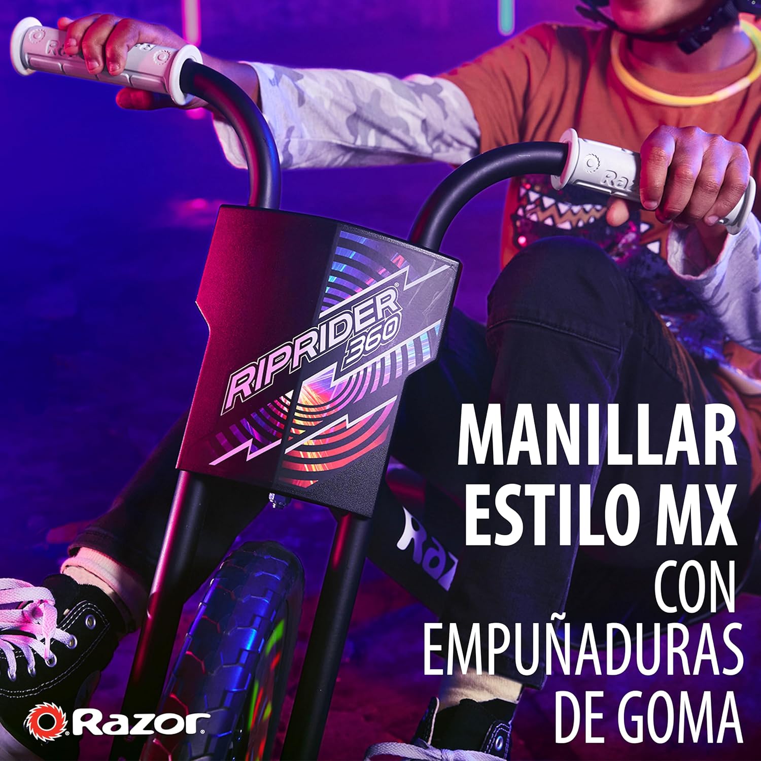 دراجة Razor RipRider 360 Lightshow Drifting ثلاثية العجلات للأطفال من سن 5 سنوات فما فوق، مزودة بدواسة ومصابيح LED متعددة الألوان تعمل بالحركة وعجلات خلفية