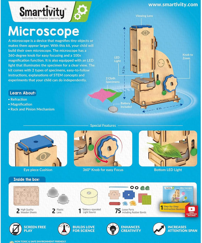 Smartivity DIY Microscope 100x Zoom Toy for Kids Age 8-10-12-14 Years Old | Birthday Gift for Boys & Girls | Science Toy for Kids 8-14 Years Old Students I STEM Sciene Kit