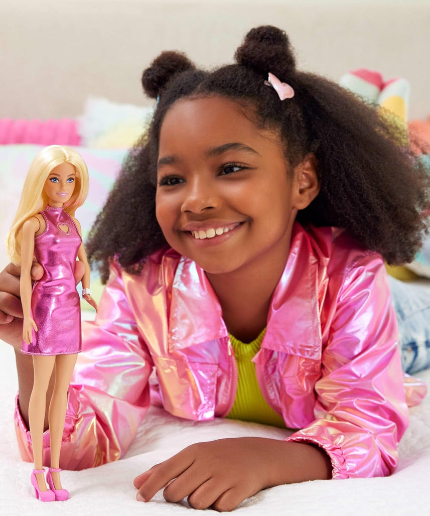 Barbie Fashionistas Doll #230 with Blond Hair, Wearing Metallic Pink Minidress with Heart Cut-Out, White Bracelet and Heels