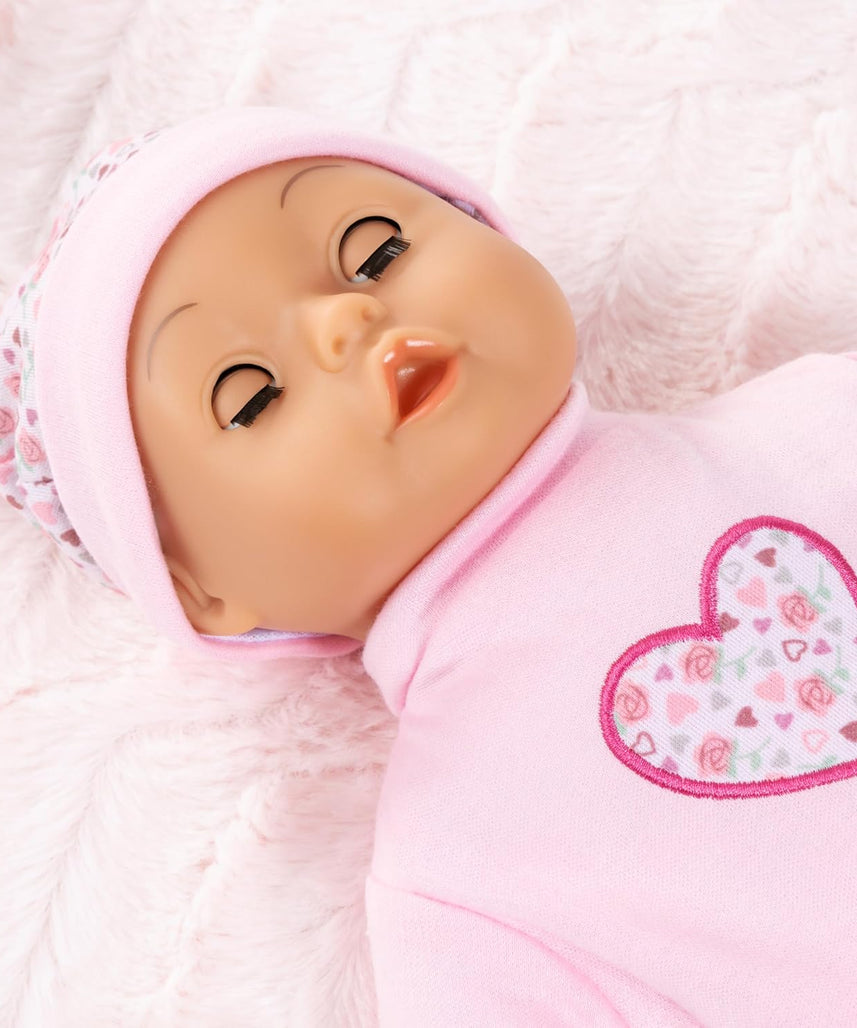 Bayer Baby Doll Play Set 36cm, Soft Body Cuddly Baby Doll with Extra Outfit & Hat, Feeding Accessories (Plate, Spoon, Fork), Pretend Play Toy for Kids, Lightweight Doll for Toddlers