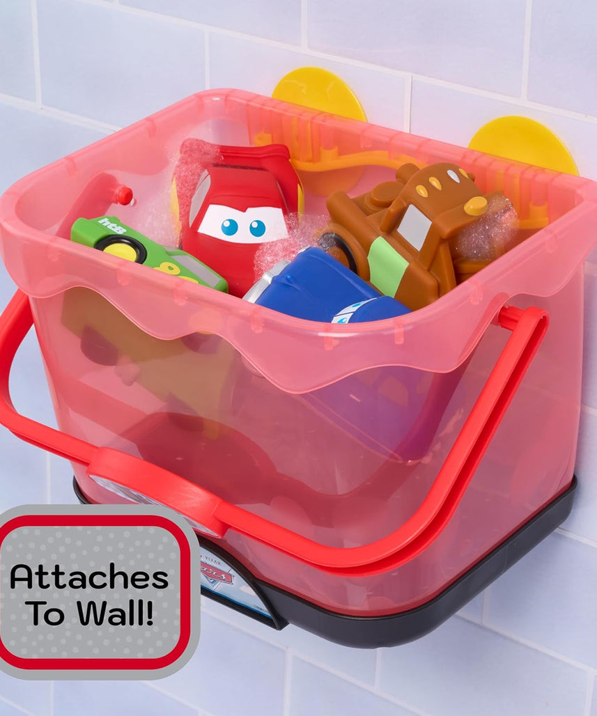 Disney and Pixar Cars Bath Caddy, 6-pieces, 5 Bath Toy Figures Sealed for Safety, Attaches to Wall, Bath Toy for Fans, Girls, Boys, Kids, Ages 3 and Up