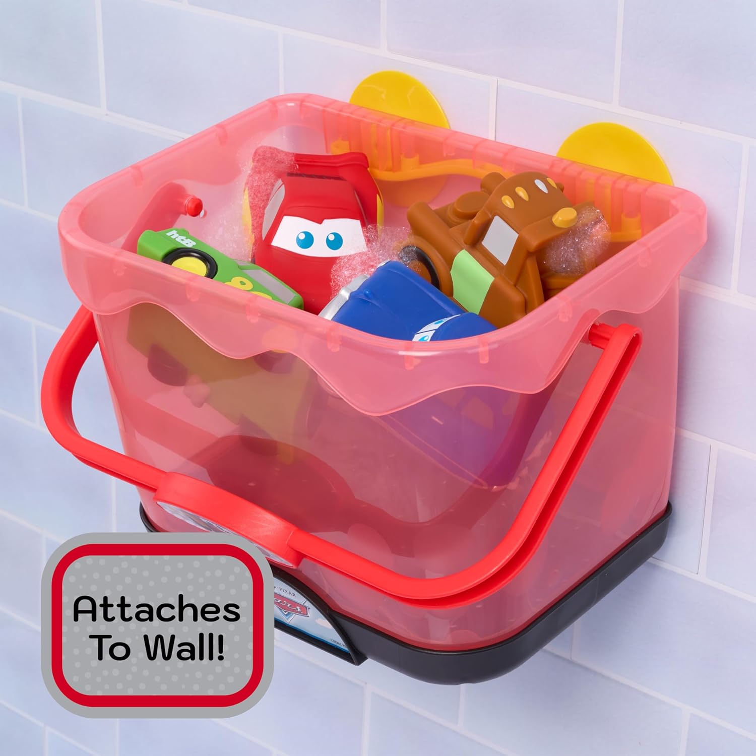 Disney and Pixar Cars Bath Caddy, 6-pieces, 5 Bath Toy Figures Sealed for Safety, Attaches to Wall, Bath Toy for Fans, Girls, Boys, Kids, Ages 3 and Up