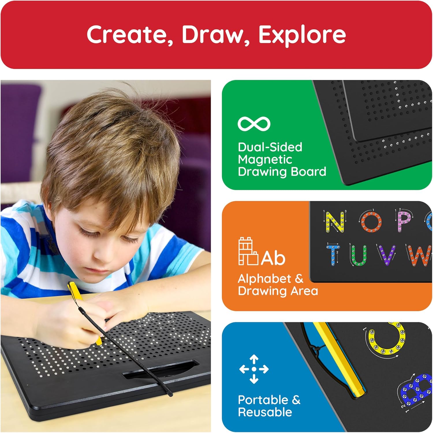 PicassoTiles 2-in-1 Double-Sided Magnetic Drawing Board Lower Case Alphabet Letter and Free Style Writing Reading Playboard 12x10 inch Large Magnet Tablet Pad Open-Ended STEAM Learning Playset PTB04